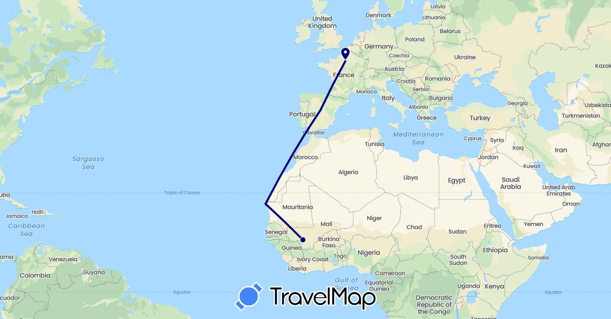 TravelMap itinerary: driving in Algeria, Spain, France, Mali (Africa, Europe)